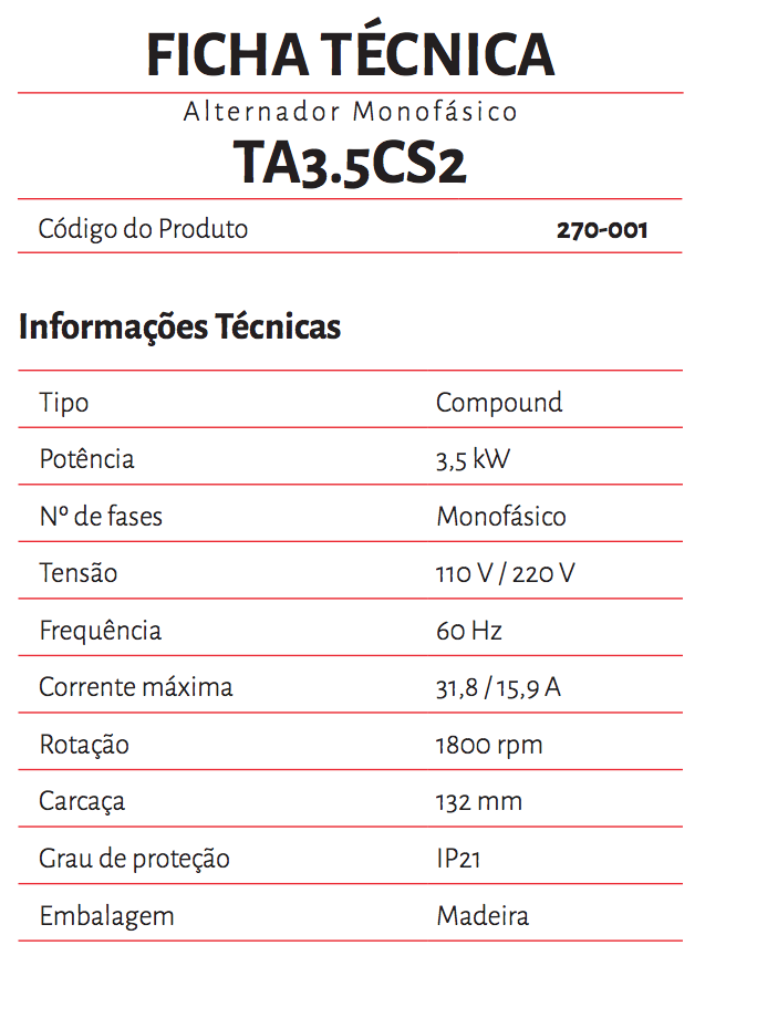 270-001 - Alternador Toyama TA3.5CS2 Monofásico 3.5KW