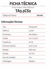 270-001 - Alternador Toyama TA3.5CS2 Monofásico 3.5KW